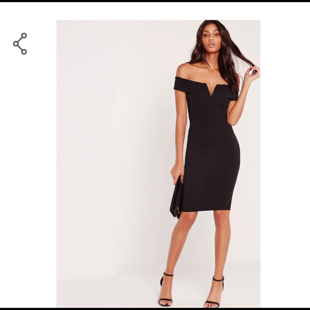 V front Bardot midi black dress